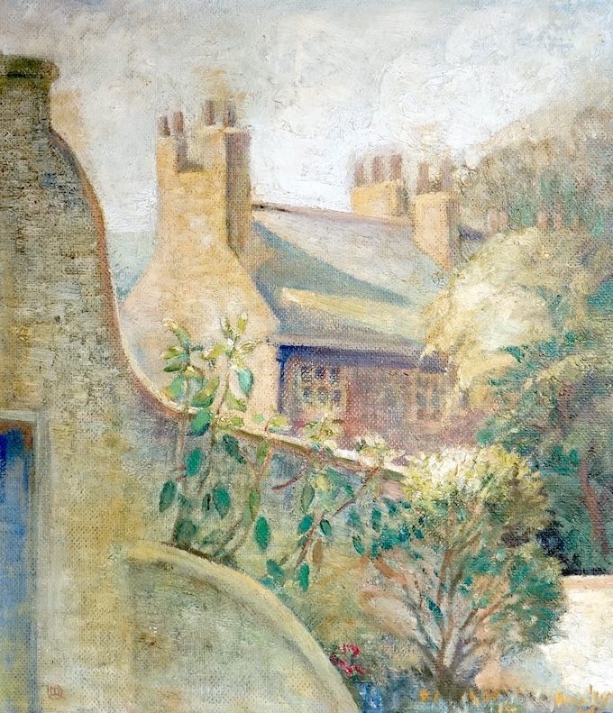 Marjorie Quennell, oil on board, Brack Mound House, Castle Precincts, Lewes, monogrammed and inscribed verso, 44 x 38cm